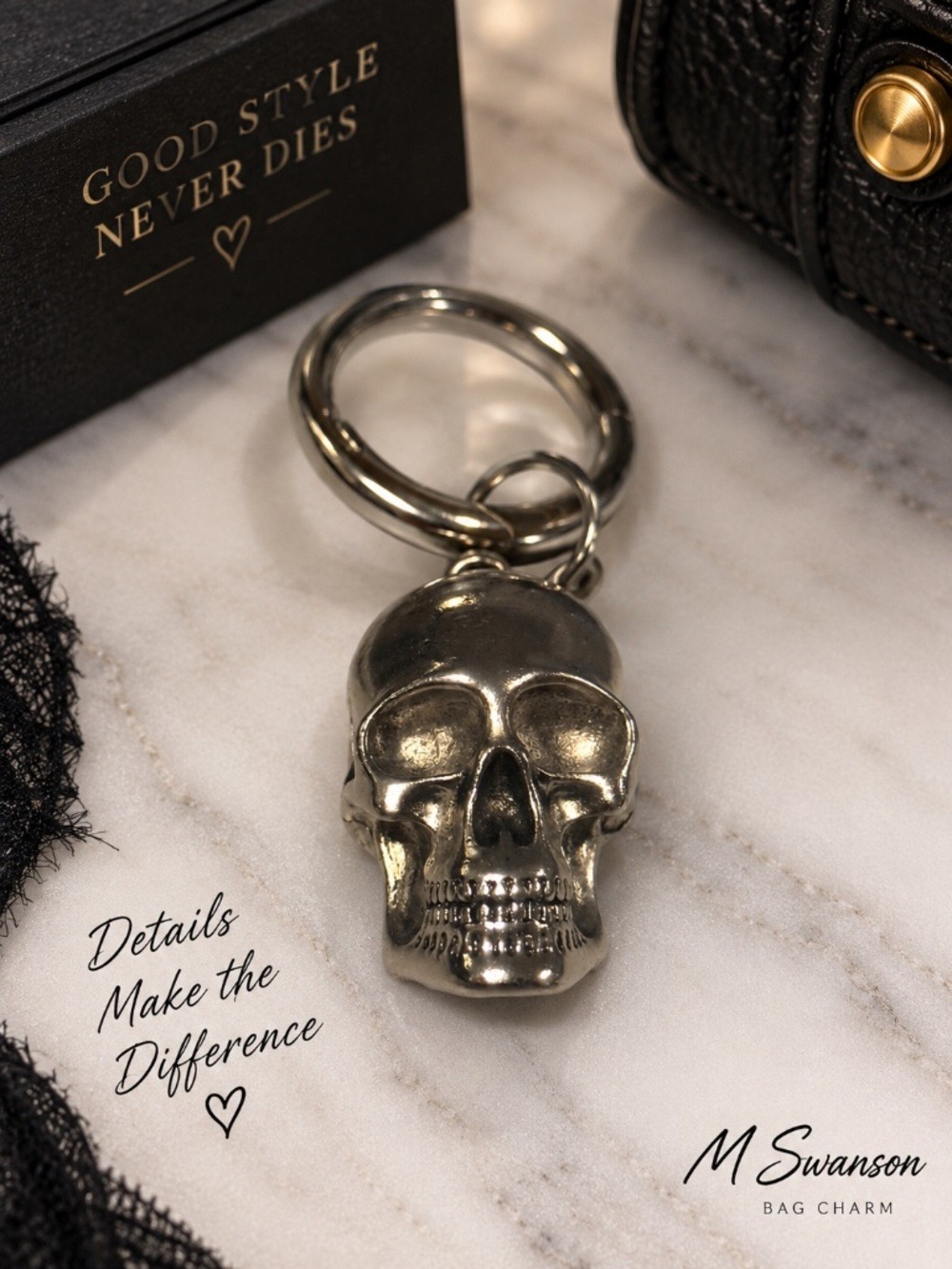 Silver Tone Anatomical Skull Bag Charm Keychain Gothic HD4829